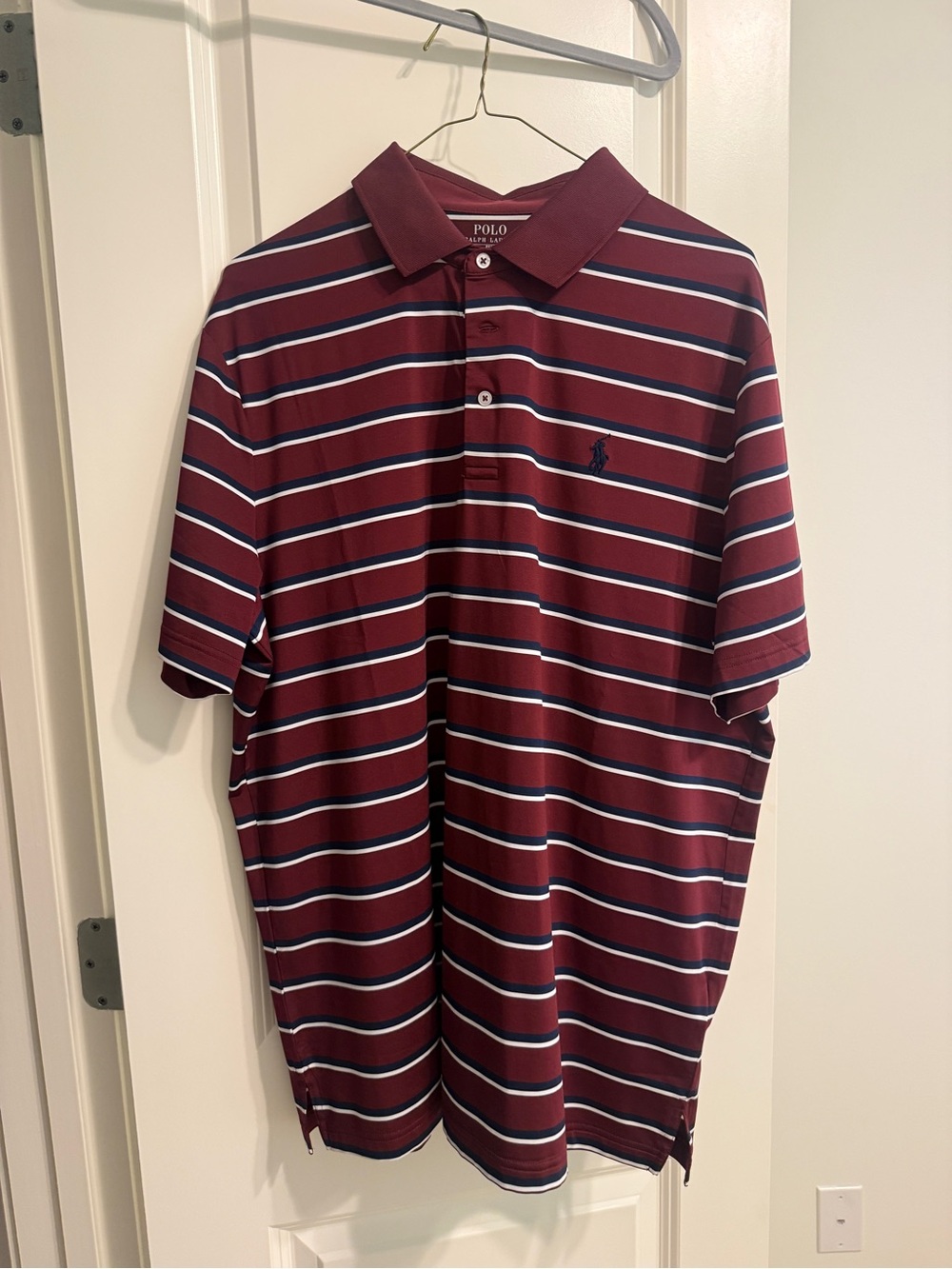 Polo by Ralph Lauren Men’s Maroon Polo with Navy & White Stripes